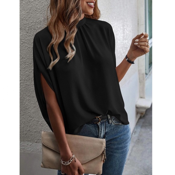 Black Blouse Top Flowy, High Neck - Picture 1 of 9
